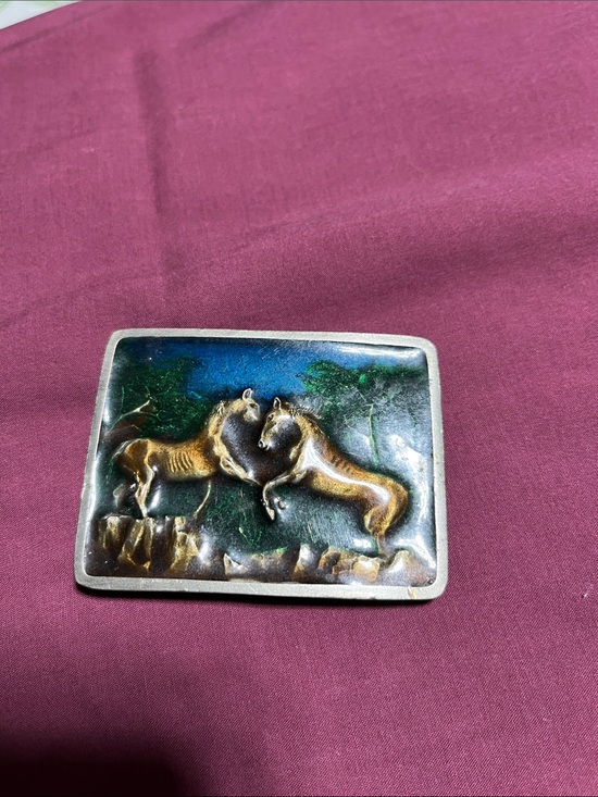 Indiana Metal Craft Accessories - Vintage Horse Relief Belt Buckle - Gold & Green Enamel